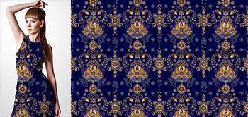23021v Materiał ze wzorem malowany motyw paisley inspirowany sztuką orientu w odcieniach złotego i niebieskiego